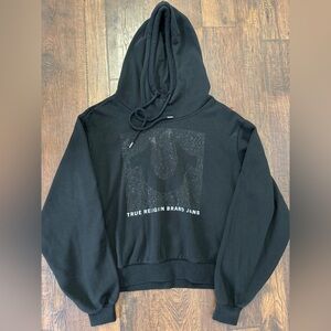 Womens True Religion Rhinestone Logo Boyfriend Hoodie Jet Black Sweatshirt